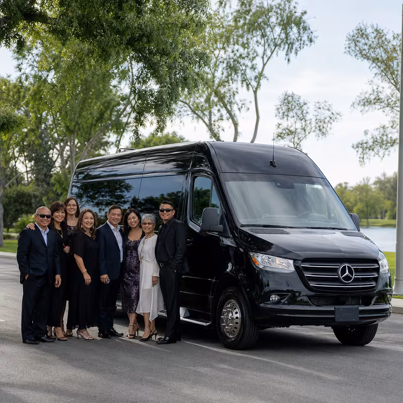 Group beside a Mercedes Sprinter limo from the Garden Grove fleet