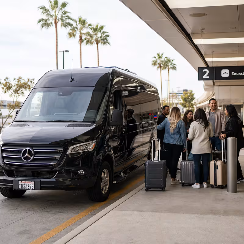 Group boarding a white charter bus for Airport Transportation transportation in Garden Grove