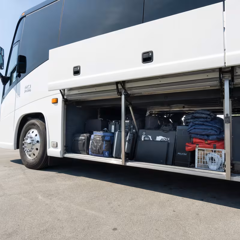 Party bus interior with wraparound leather seating and LED lighting in Garden Grove