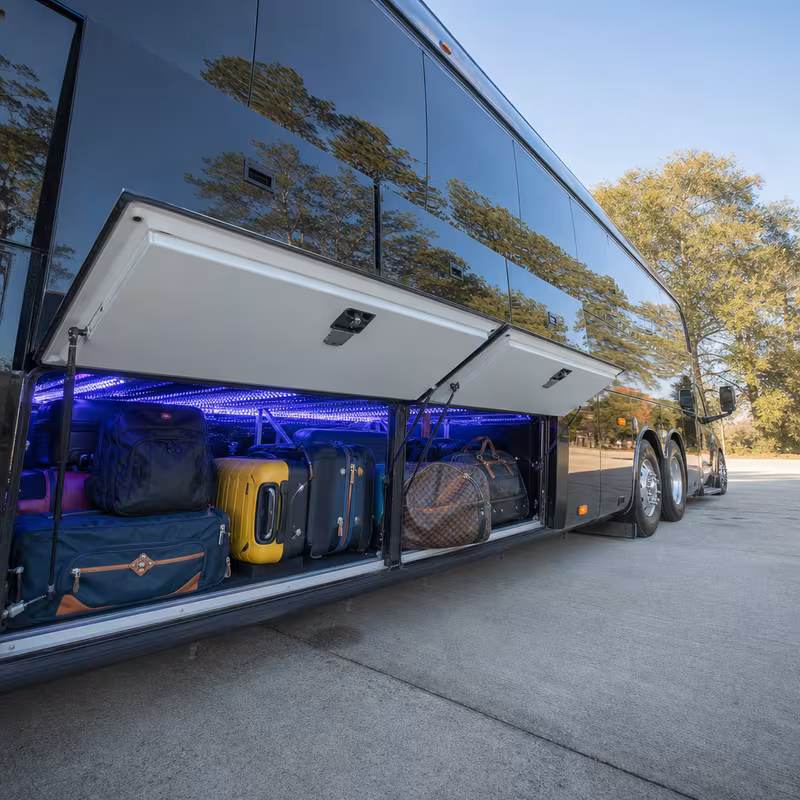 Party bus interior with wraparound leather seating and LED lighting in Garden Grove