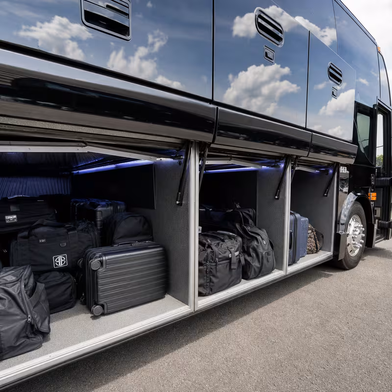 Party bus interior with wraparound leather seating and LED lighting in Garden Grove