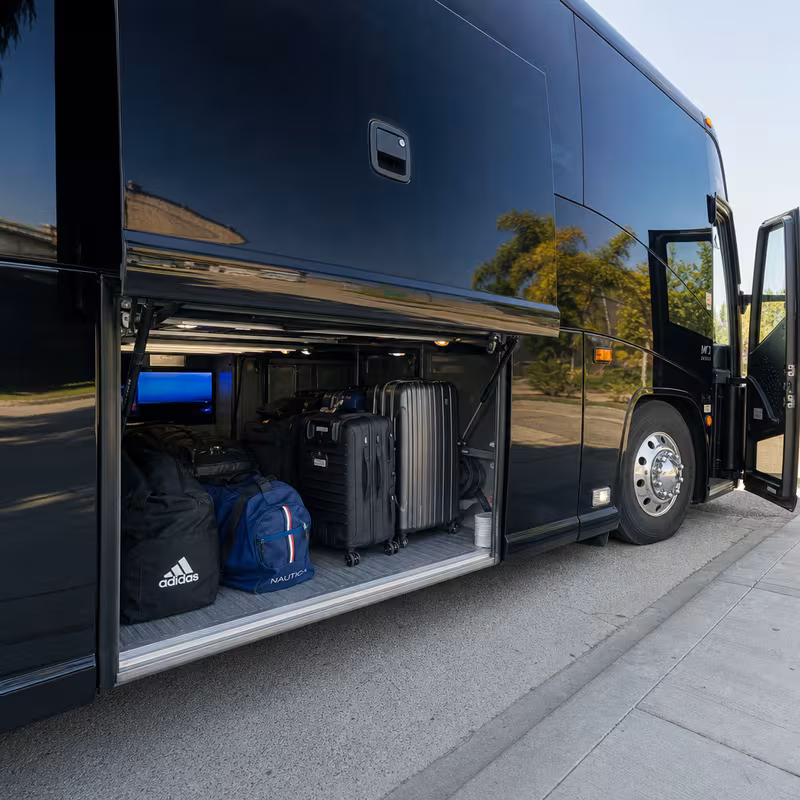 Party bus interior with wraparound leather seating and LED lighting in Garden Grove
